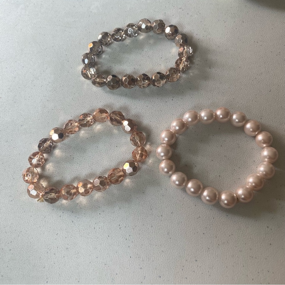 New Express | Pink & Tan Ball Elastic 3 Bracelet Set